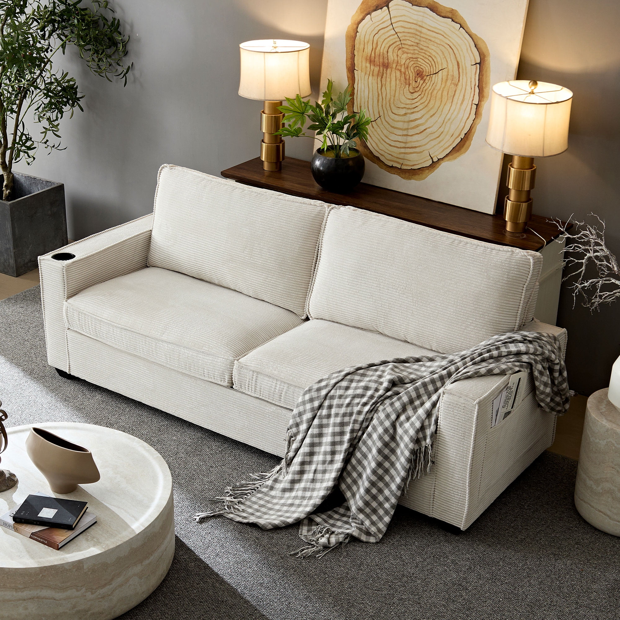 Aukfa 87" Comfy Sofa for Living Room,Deep Seat Loveseat Couch with Cupholder, Corduroy, White