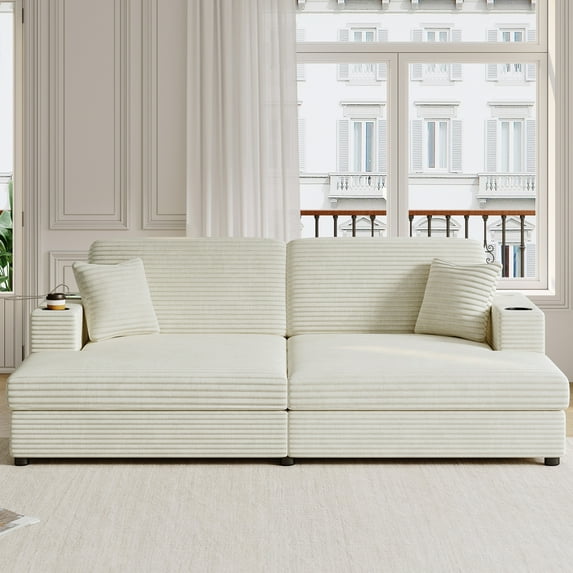 Aukfa 87" Double Chaise Oversized Sofa Bed with USB Ports&Cup Holder for Living Room, 2 Pillows, Corduroy, Beige