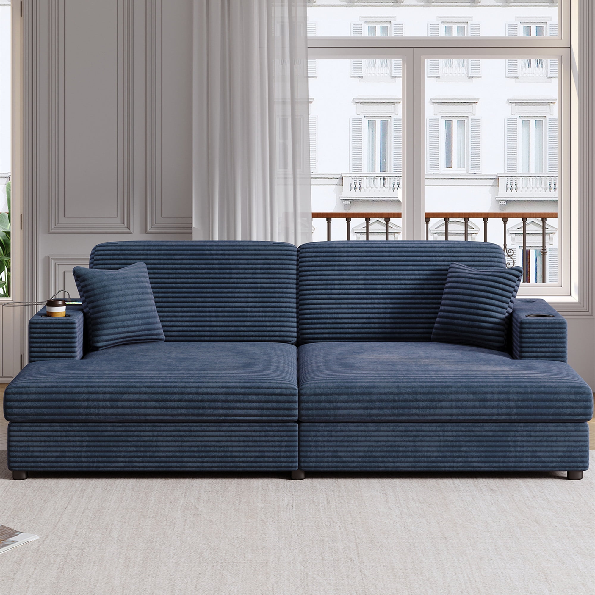 Aukfa 87" Double Chaise Oversized Sofa Bed with USB Ports&Cup Holder ...