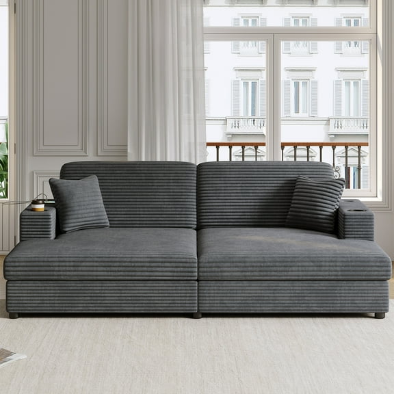 Aukfa 87" Double Chaise Oversized Sofa Bed with USB Ports&Cup Holder for Living Room, 2 Pillows, Corduroy, Gray