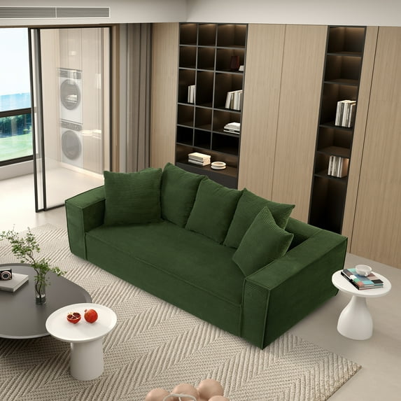 Aukfa 89" Corduroy Sleeper Sofa Couch, 3 Seater Living Room Sofa, 5 Pillows, Assemble-Free, Green