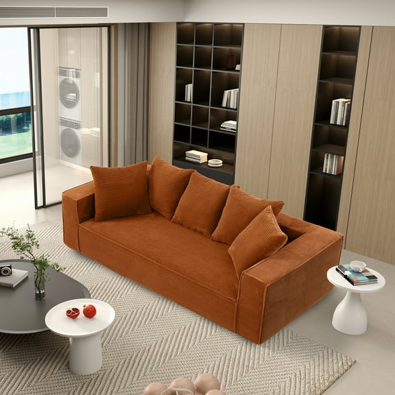 Aukfa 89" Upholstered Sleeper Sofa Couch, Corduroy Living Room Sofa,5 Pillows, Assemble-Free,Orange