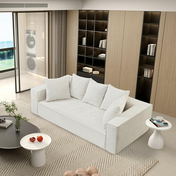 Aukfa 89" Upholstered Sleeper Sofa Couch, Corduroy Living Room Sofa,5 Pillows, Assemble-Free,White