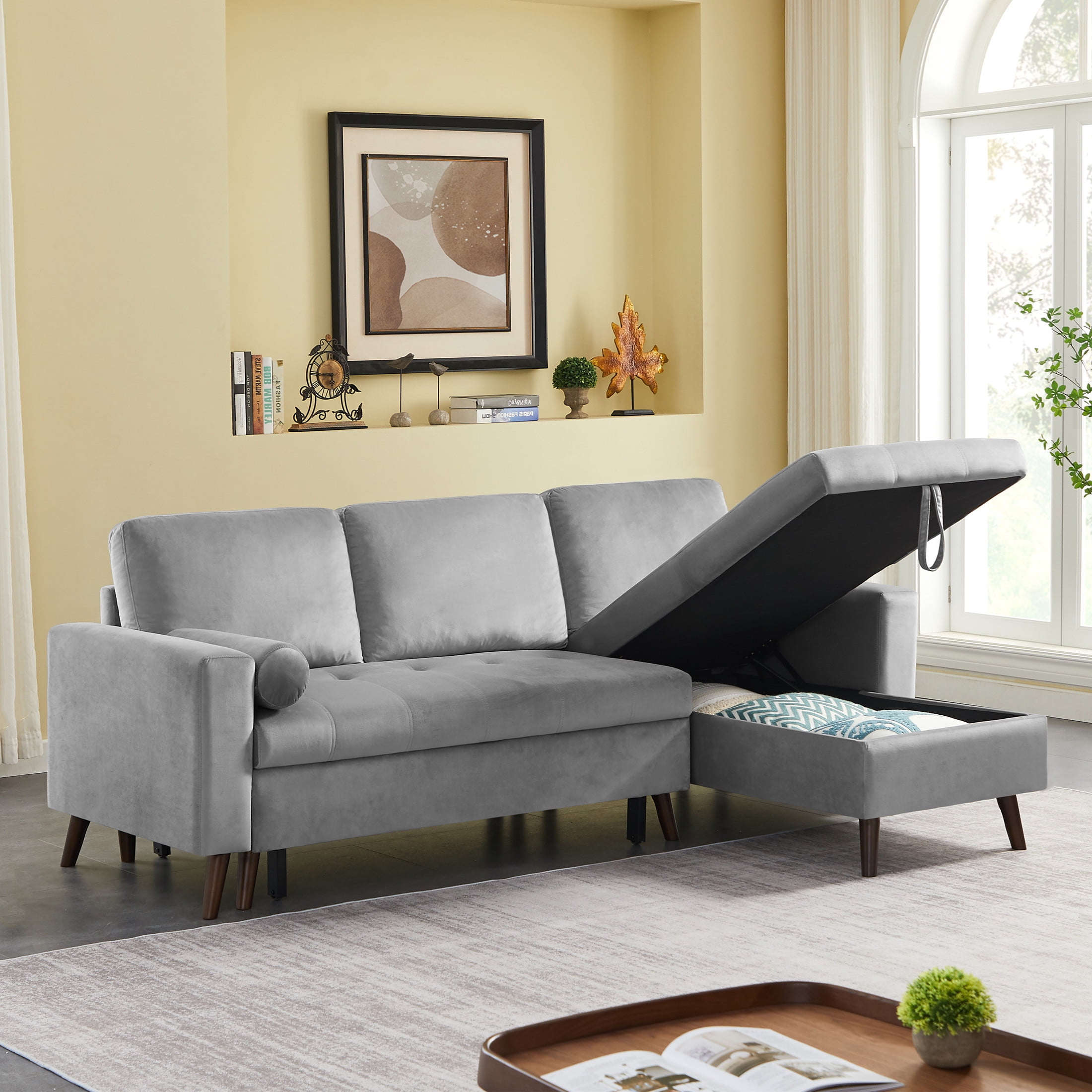 Aukfa 88 Sectional Sleeper Sofa Pull Out Bed With Storage Chaise For Living Room Velvet Gray Com