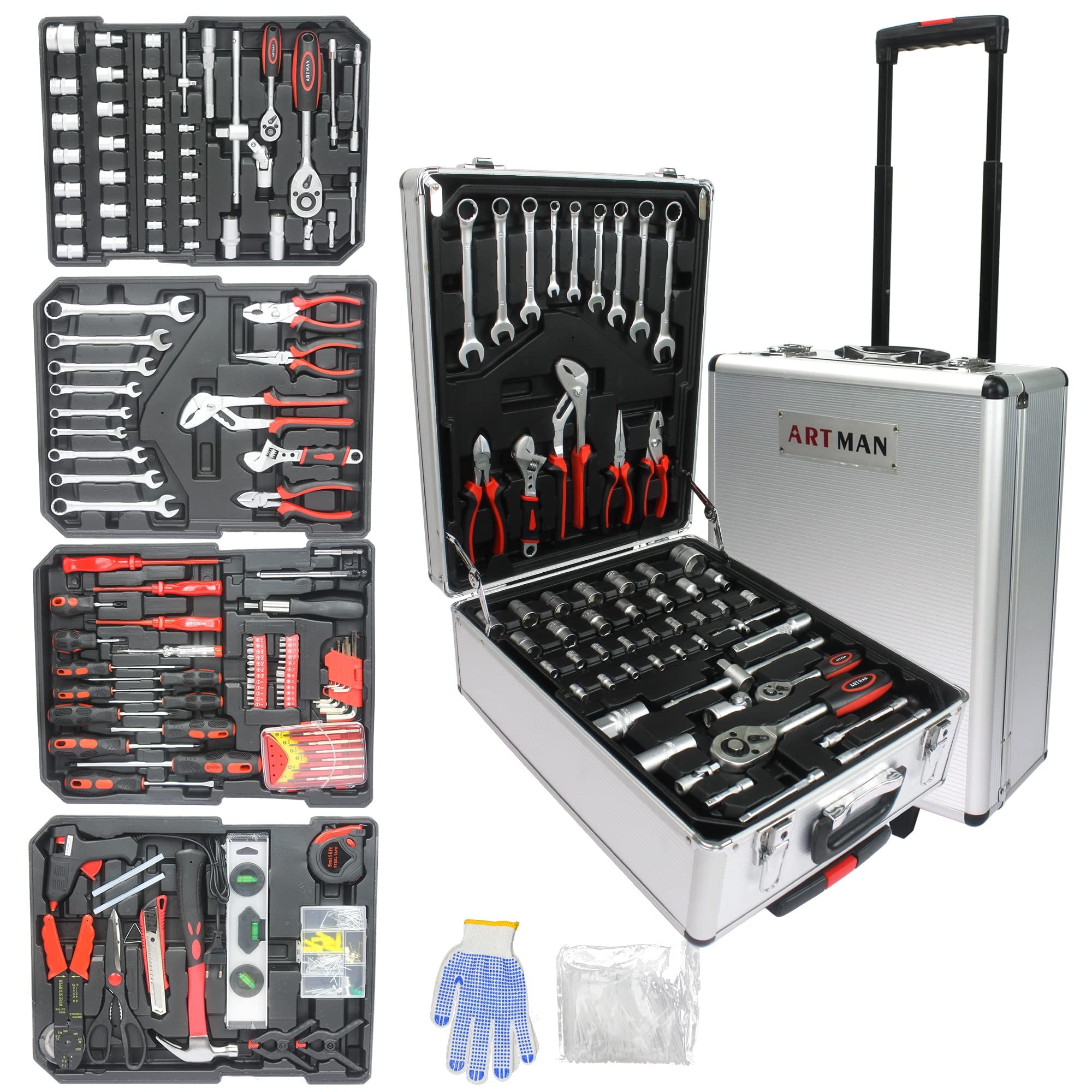 Aukfa 899 Pcs Tool Set, 4 Drawers Household Tool Kit with Rolling Tool Box for Home Auto Repair, Silver