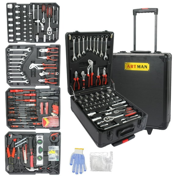 Aukfa 899 Pcs Tool Set, Household Tool Kit with Rolling Tool Box for Home Auto Repair, Black