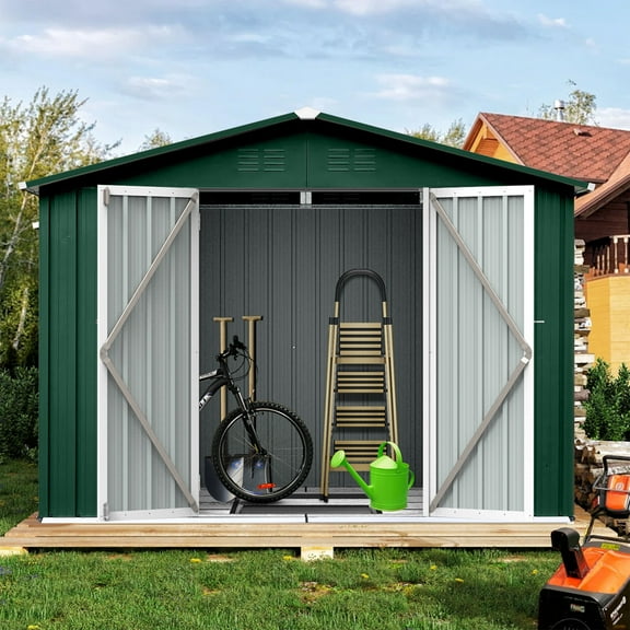 Aukfa 8FT x 6FT Outdoor Storage Shed, Metal Garden Shed with Vents, Tool Shed with Door and Padlock for Backyards, Patio Lawns, Green