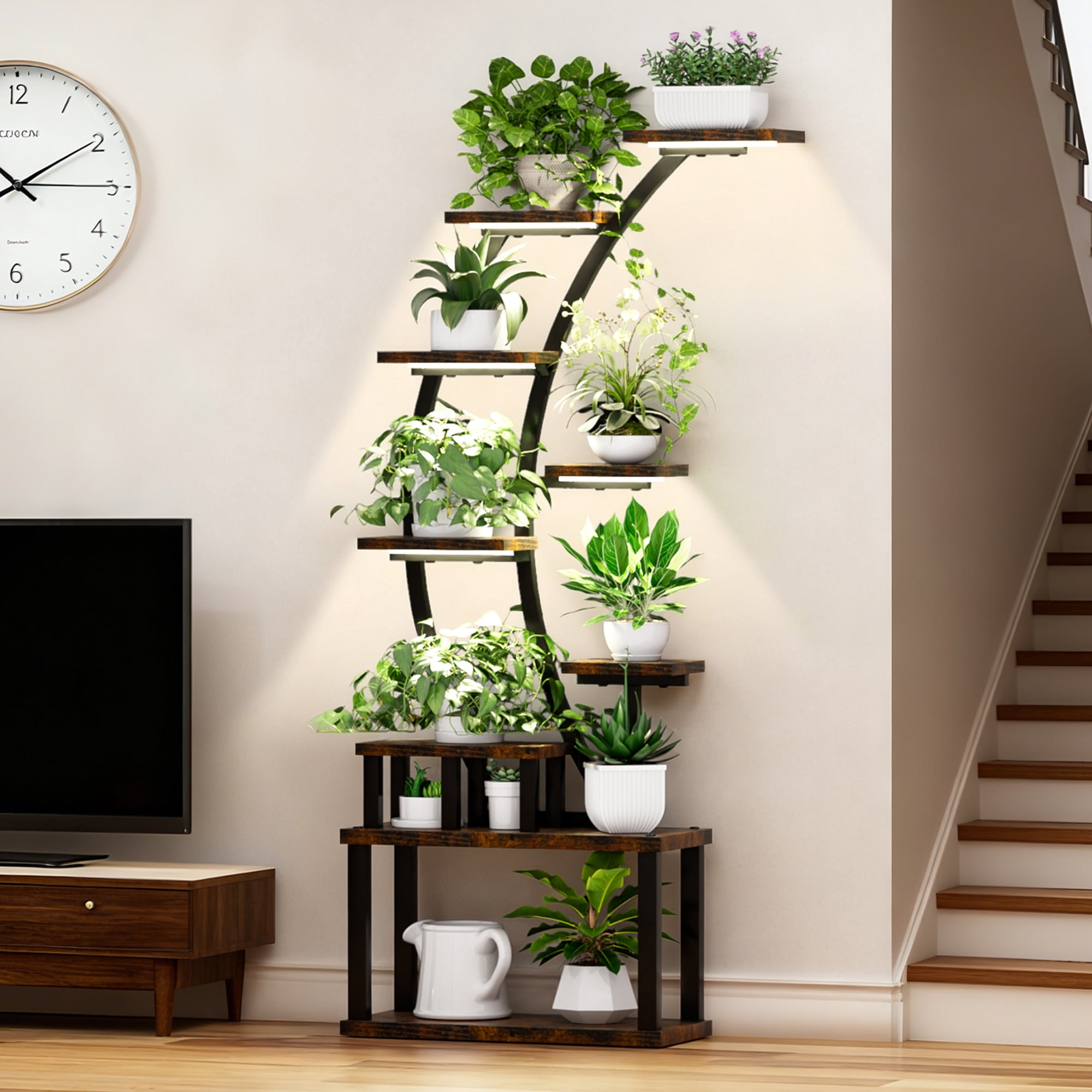 Aukfa 9-Tier Metal Plant Stand with Grow Lights,63" Tall Heavy Duty Indoor Plant Shelf for Multiple Plants, Full Spectrum LED& Time,Rustic Brown