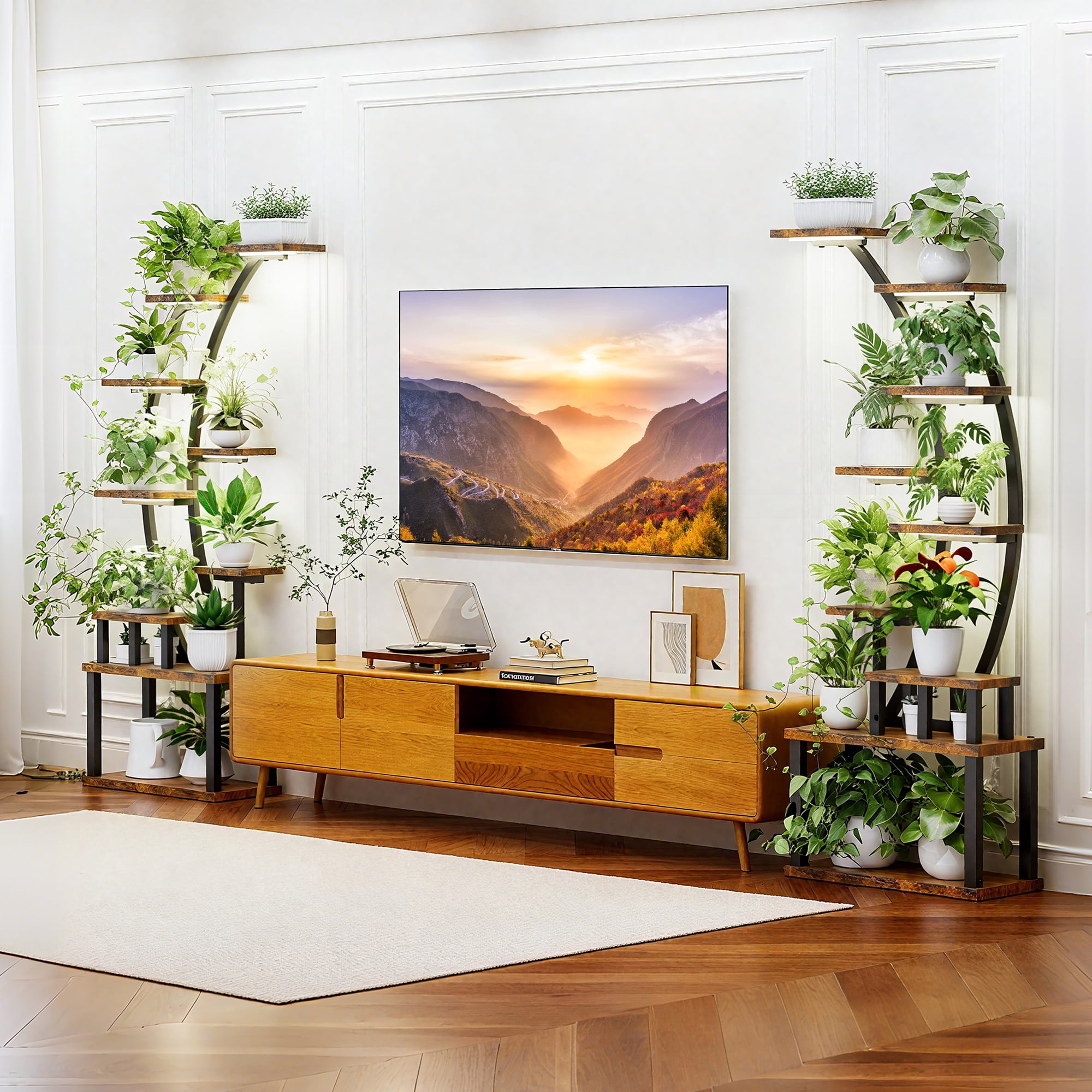 Aukfa 9-Tier Plant Stand with Full Spectrum Grow Lights & Timer, 63" Heavy Duty Tall Indoor Metal Plant Shelf, 2-Pack, Rustic Brown