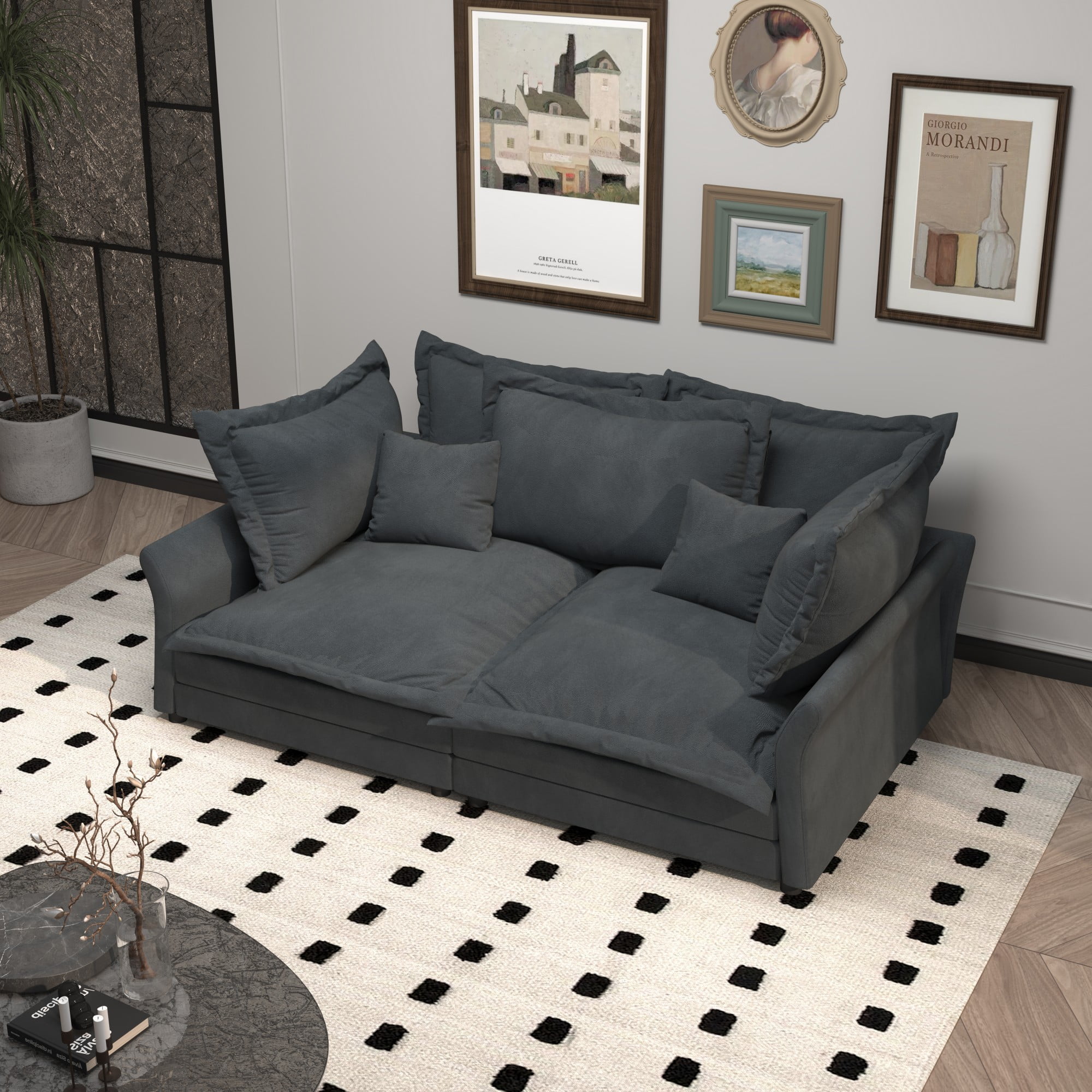 Aukfa 90.55" Overstuffed Sofa Cloud Couch, Convertible Deep Seat Chaise Longue with Large Pillows for Living Room, Gray
