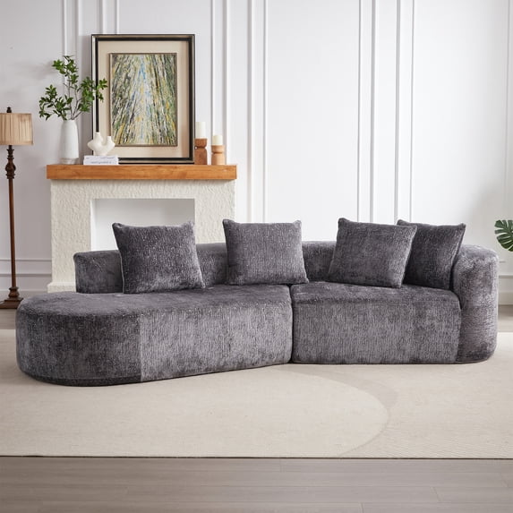 Aukfa 114" Curved Sectional Sofa Deep Seat Cloud Couch, 4 Pillows, No Assembly, Chenille, Gray
