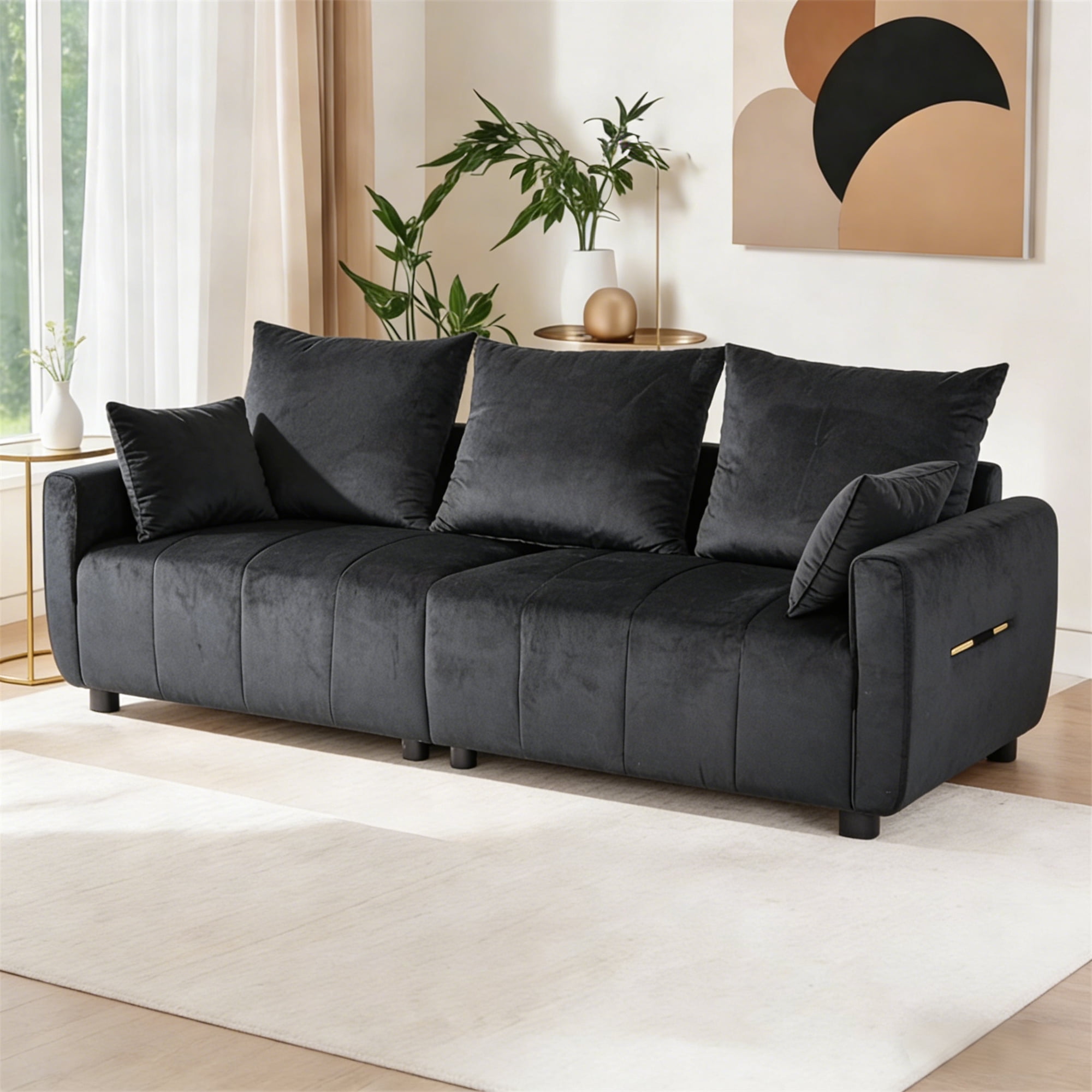 Aukfa 83" Modern Sofa Couch for Living Room Bedroom, 26" Deep Seat, 5 Pillows, Velvet, Black