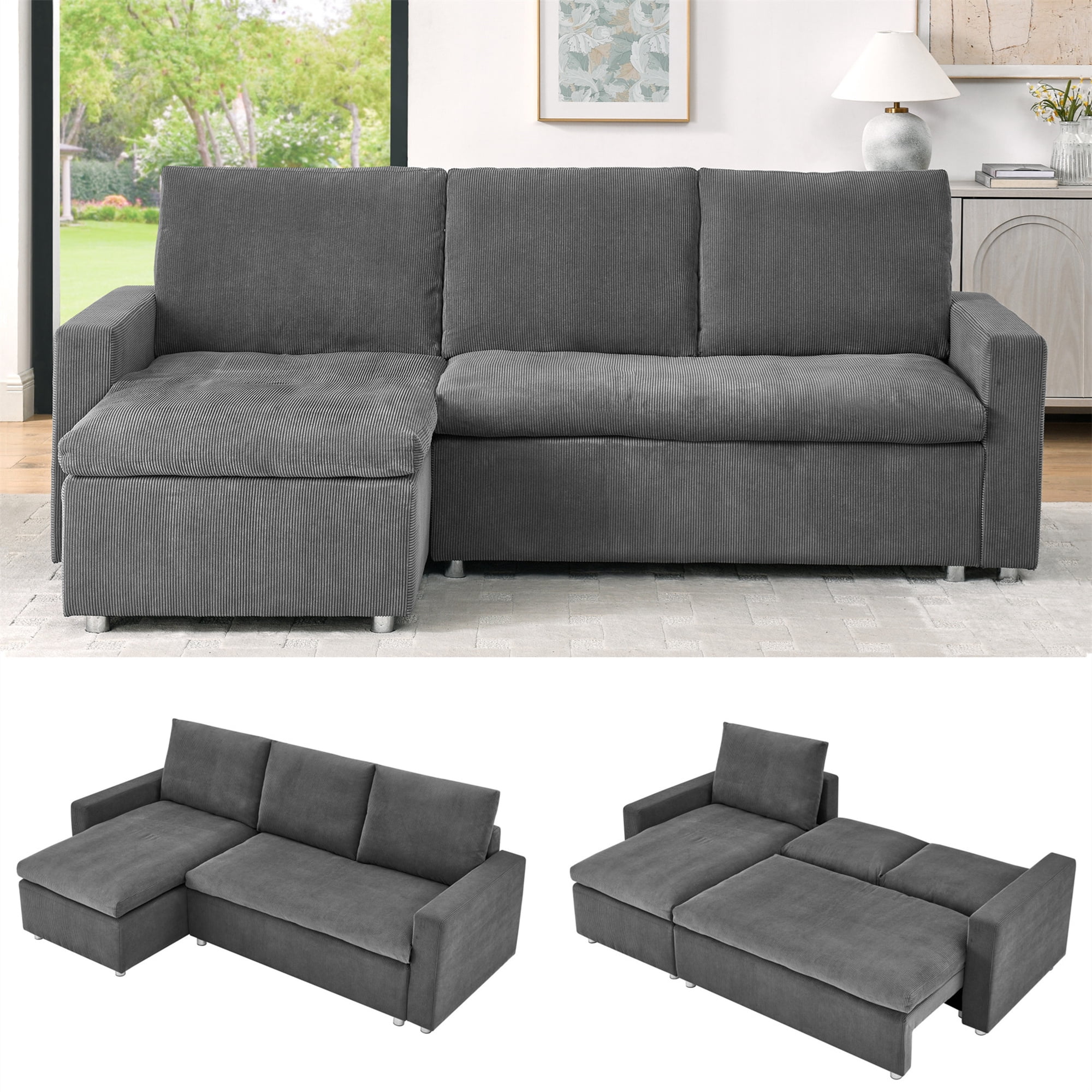 Aukfa 90" L-Shaped Convertible Sectional Sleeper Sofa Bed with Storage Seat, Reversible Chaise for Living Room, Corduroy, Gray