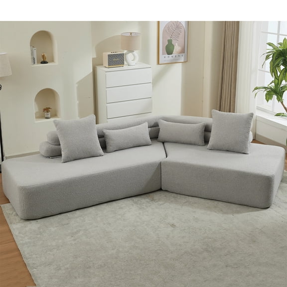 Aukfa 128" Curved Cloud Sectional Sofa Boneless Couch Modular Sofa Bed for Living Room, 4 Pillows, Right Chiase, Boucle, Light Gray