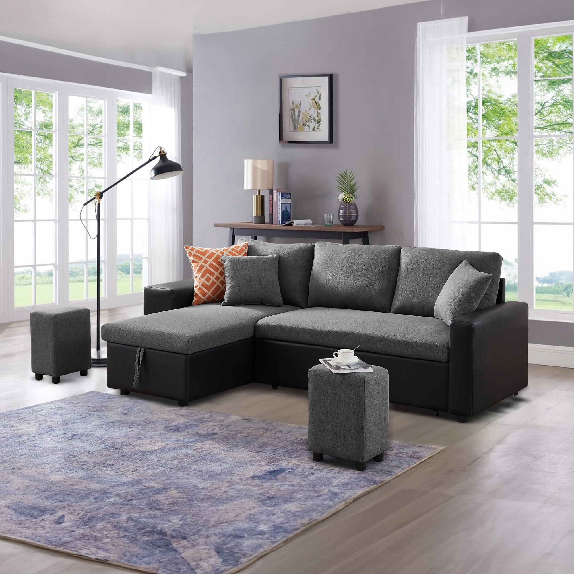 Aukfa 92.5" Reversible L-Shaped Sectional Sofa with Pull Out Sleeper Couch Bed, Storage Chaise and 2 Ottoman for Large Living Room - Dark Gray