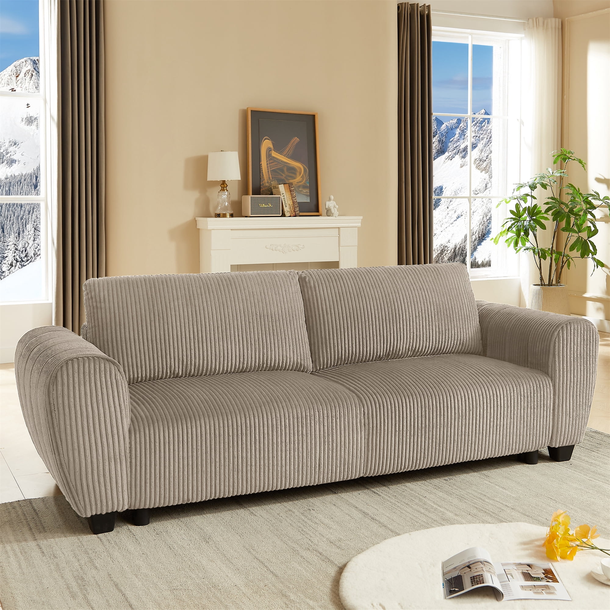 Aukfa 92" Oversized Storage Futon Convertible Sleeper Sofa, Corduroy, 2 Pillows, Light Brown