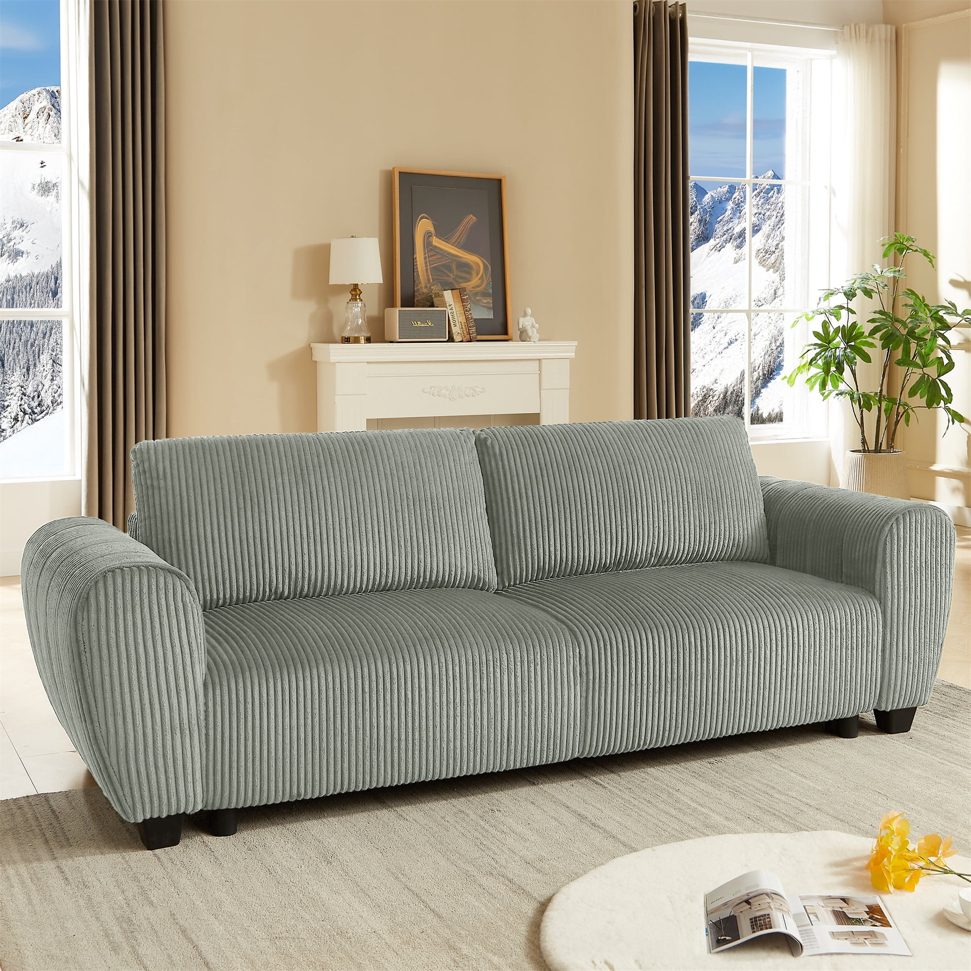 Aukfa 92" Oversized Storage Futon Convertible Sleeper Sofa, Corduroy, 2 Pillows, Light Gray