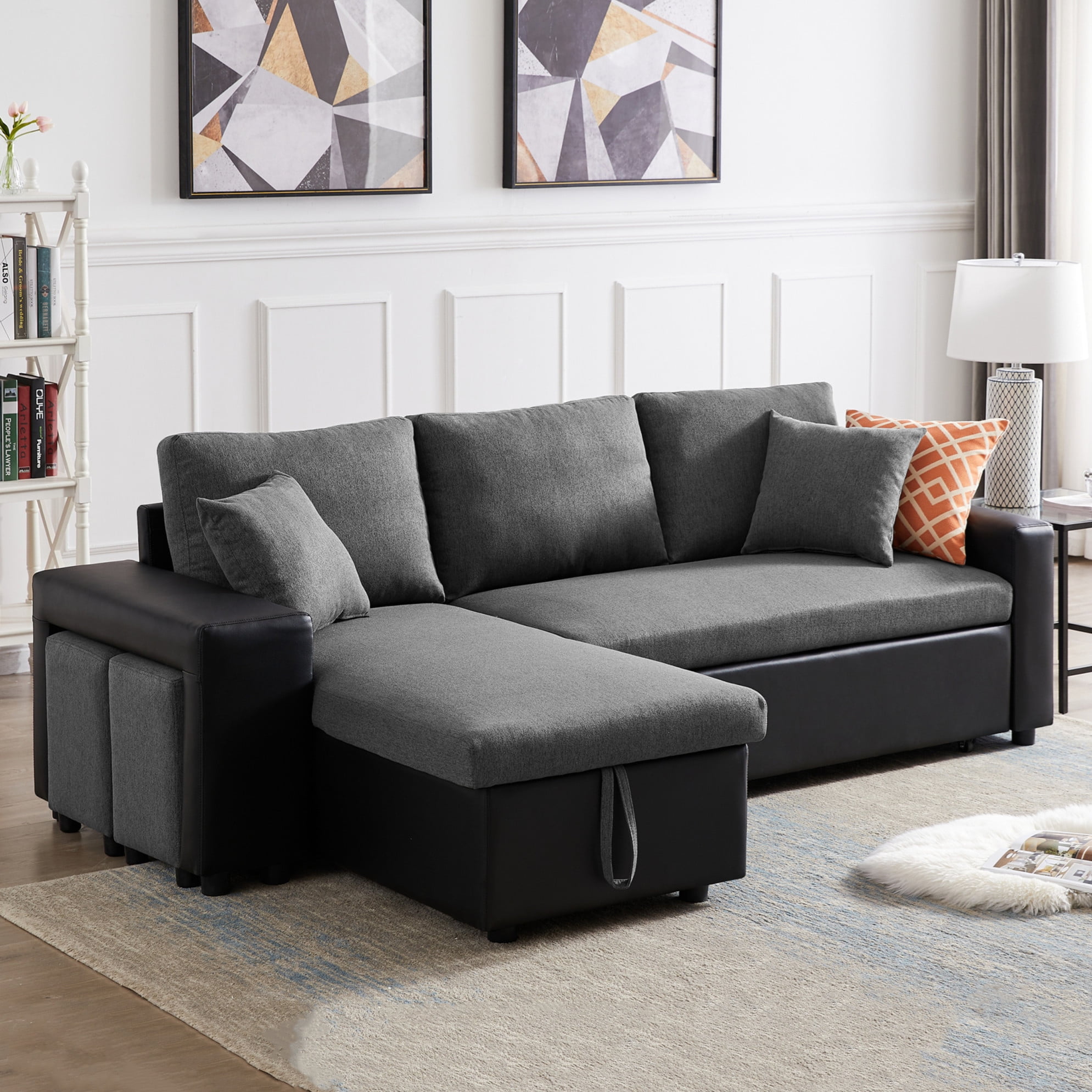 Aukfa 92" Sectional Sleeper Sofa Pull Out Bed Reversible Storage