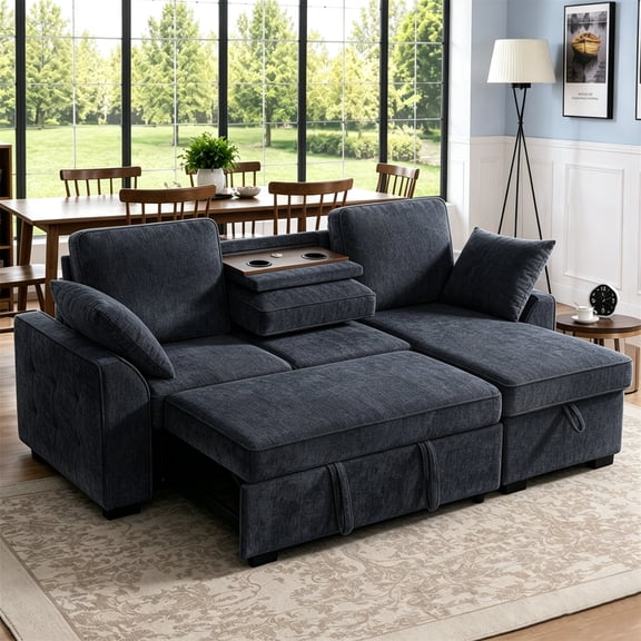 Aukfa 86" L-Shaped Convertible Sectional Sleeper Sofa Bed with USB & Cup Holders Console, Storage Chaise for Living Room, Chenille, Dark Blue