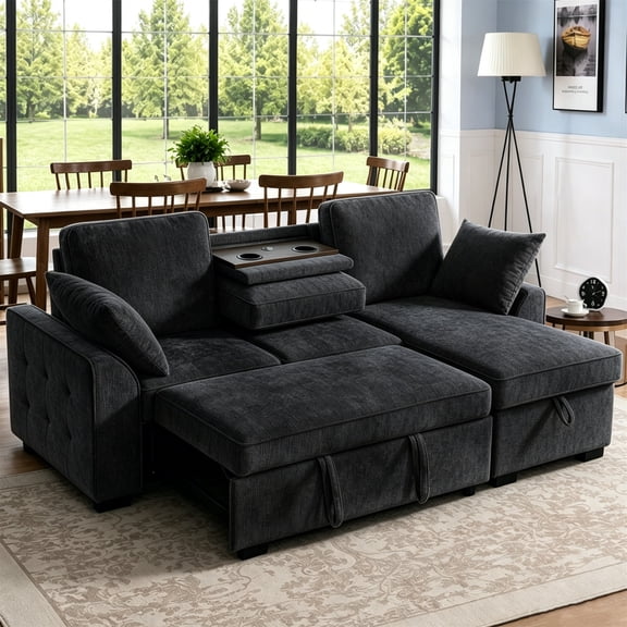 Aukfa 86" L-Shaped Convertible Sectional Sleeper Sofa Bed with USB & Cup Holders Console, Storage Chaise for Living Room, Chenille, Black Gray