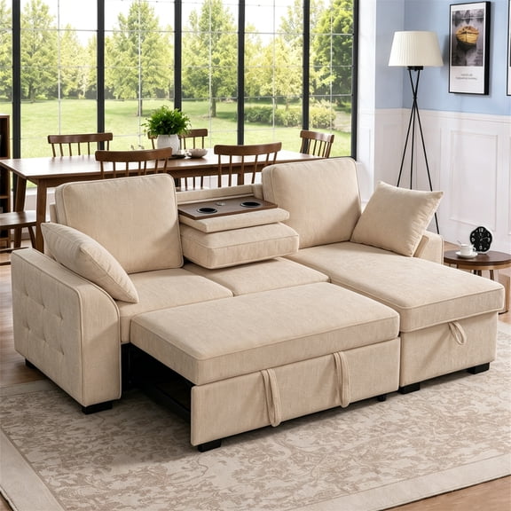 Aukfa 86" L-Shaped Convertible Sectional Sleeper Sofa Bed with USB & Cup Holders Console, Storage Chaise for Living Room, Chenille, Beige