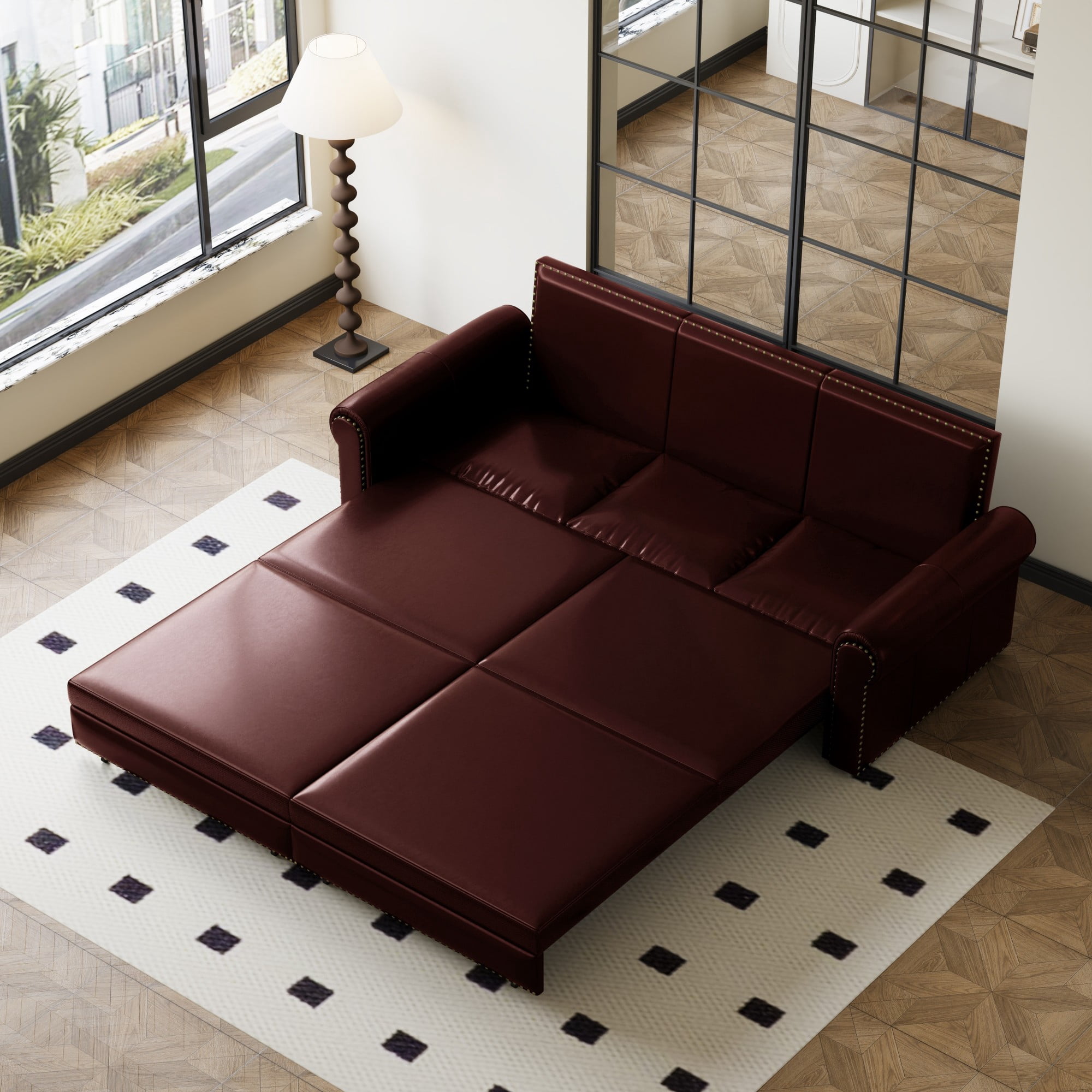 Aukfa 93.7" King Pull Out Sofa Bed, Faux Leather 3-in-1 Convertible Chesterfield Sleeper Sofa Couch with Nailhead Trim & Rolled Arms, Burgundy