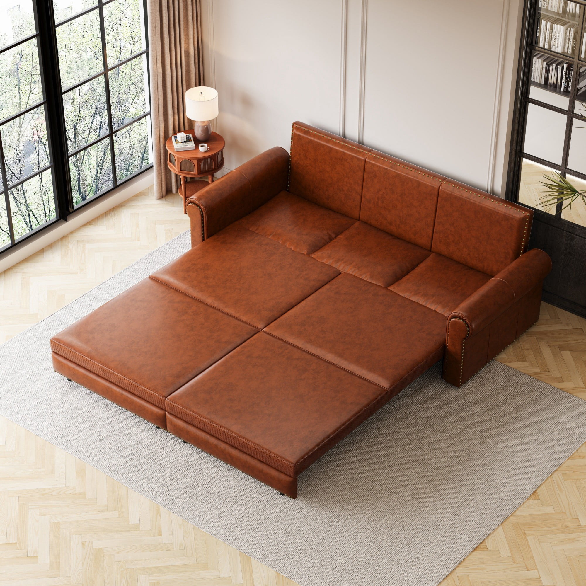 Aukfa 93.7" King Pull Out Sofa Bed, Faux Leather 3-in-1 Convertible Chesterfield Sleeper Sofa Couch with Nailhead Trim & Rolled Arms, Light Brown