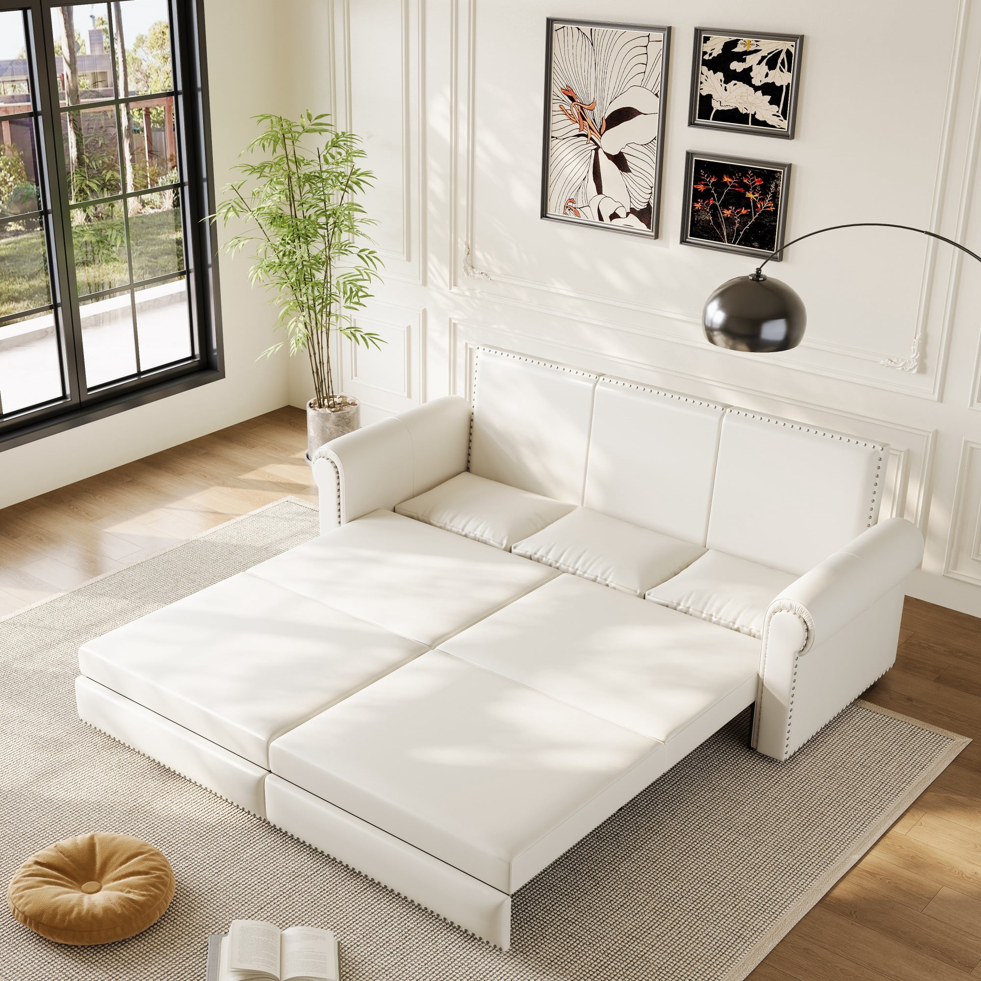 Aukfa 93.7" King Pull Out Sofa Bed, Faux Leather 3-in-1 Convertible Chesterfield Sleeper Sofa Couch with Nailhead Trim & Rolled Arms, White