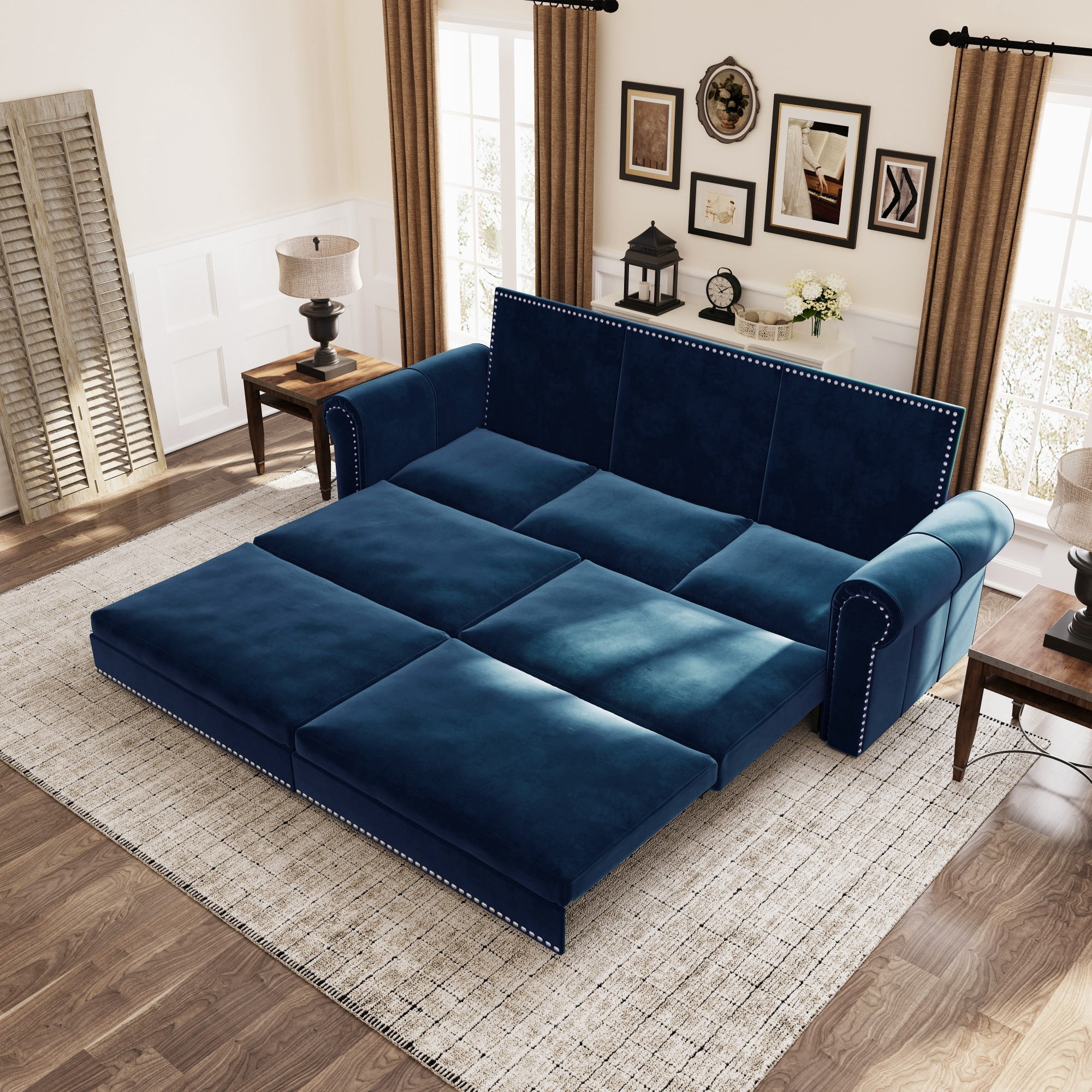Aukfa 93.7" King Size Pull Out Sofa Bed, 3-in-1 Velvet Convertible Sleeper with Chaise Lounge, Nailhead Trim & Rolled Arms for Living Room, Bedroom, Blue