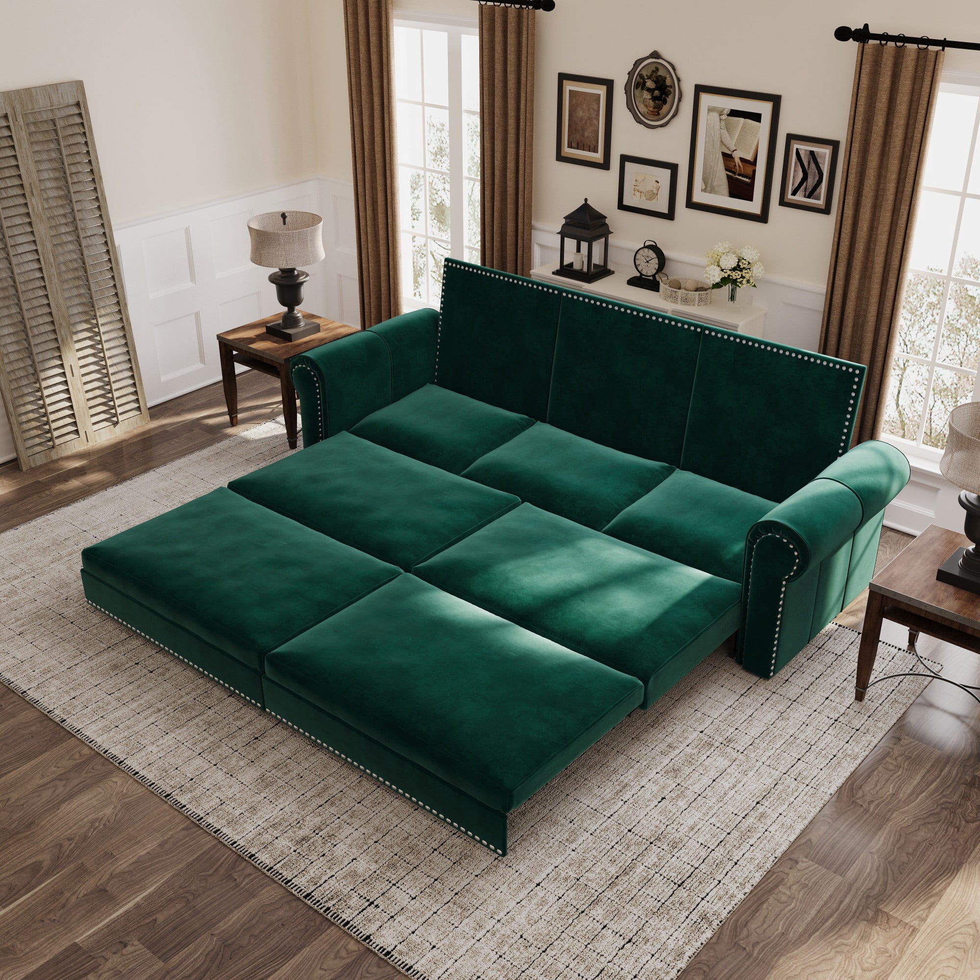 Aukfa 93.7" King Size Pull Out Sofa Bed, 3-in-1 Velvet Convertible Sleeper with Chaise Lounge, Nailhead Trim & Rolled Arms for Living Room, Bedroom, Green