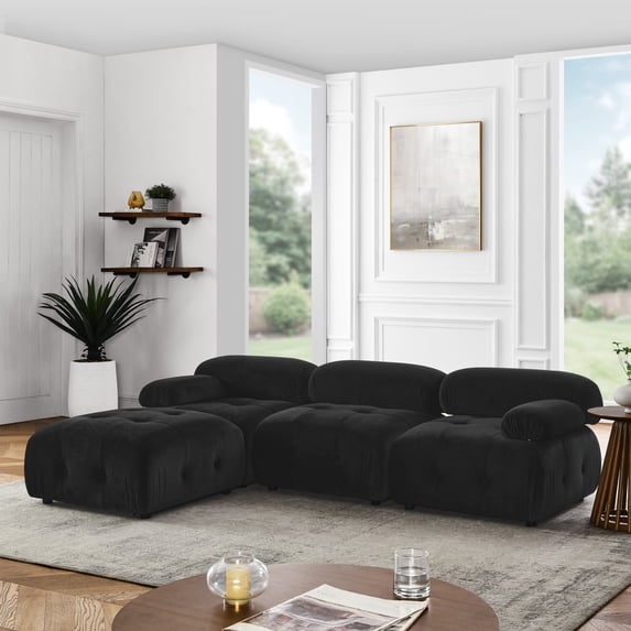 Aukfa 93" Sectional Sofa, Button Tufted Modular Chaise Couch for Living Room, Velvet, Black