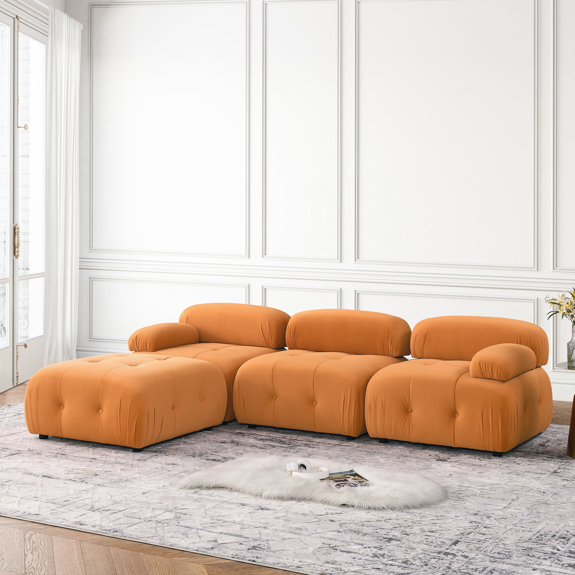 Aukfa 93" Sectional Sofa, Button Tufted Modular Chaise Couch for Living Room, Velvet, Orange