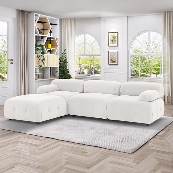 Aukfa 93" Sectional Sofa, Living Room Modular Couch with Ottoman, Pillow Top Arms, Teddy Fleece, Ivory