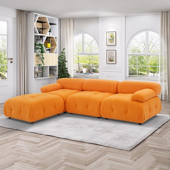 Aukfa 93" Sectional Sofa, Living Room Modular Couch with Ottoman, Pillow Top Arms, Teddy Fleece, Orange