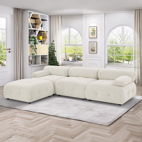 Aukfa 93" Sectional Sofa, Living Room Modular Couch with Ottoman, Pillow Top Arms, Velvet, Beige