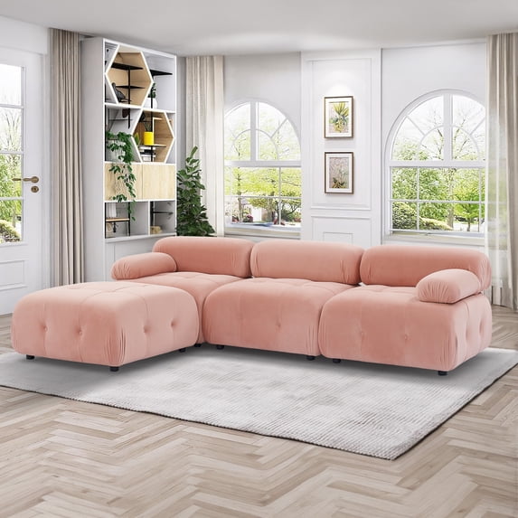 Aukfa 93" Sectional Sofa, Living Room Modular Couch with Ottoman, Pillow Top Arms, Velvet, Pink