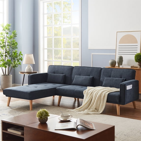 Aukfa 94" Futon Sofa Bed, Convertible Sleeper Sofa for Living Room, Left Facing Chaise, Linen, Gray