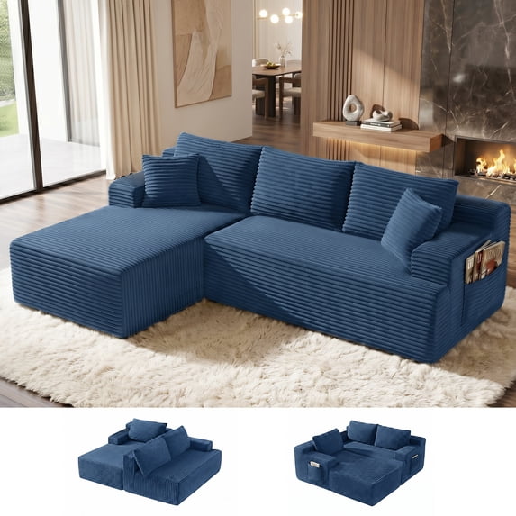 Aukfa 96" Cloud Sectional Couch, Modular L Shaped Boneless Sofa with Left Facing Chaise&2 Storage Pockets, Blue