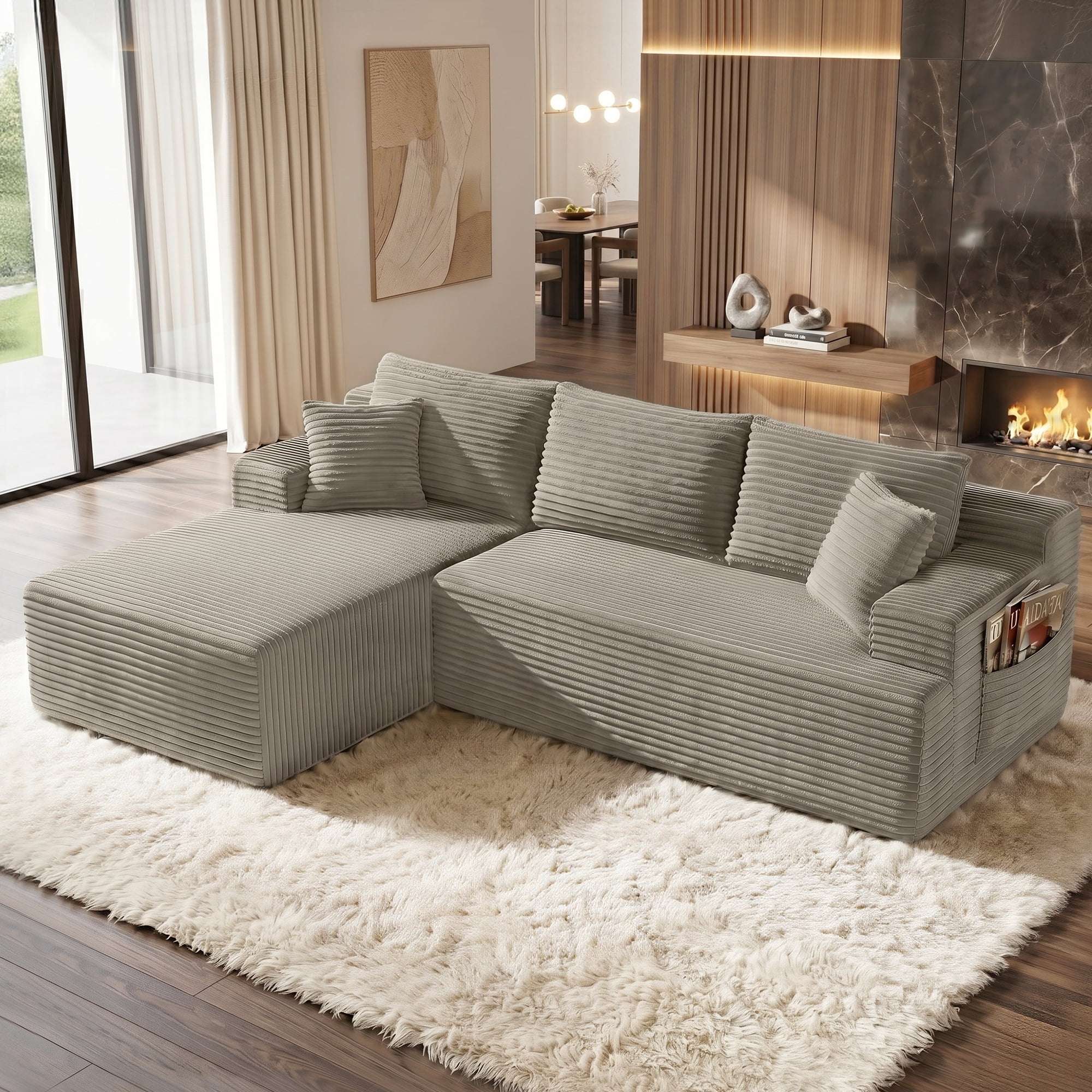 Aukfa 96" Cloud Sectional Couch, Modular L Shaped Boneless Sofa with Left Facing Chaise&2 Storage Pockets, Camel