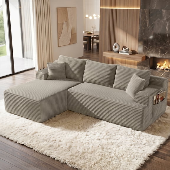 Aukfa 96" Cloud Sectional Couch, Modular L Shaped Boneless Sofa with Left Facing Chaise&2 Storage Pockets, Camel