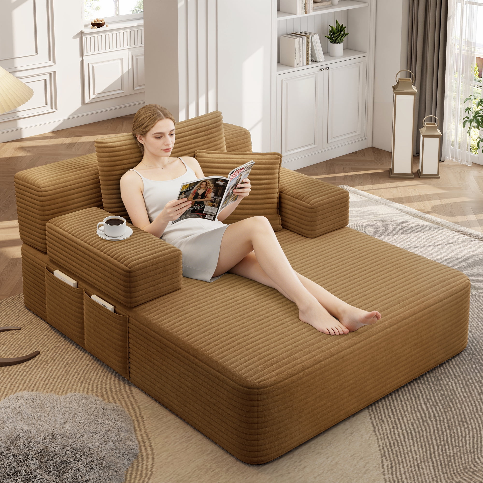Aukfa Oversized Corduroy Chaise Lounge Chair, Convertible Boneless Sleeper Sofa Bed with 3 Pillows&Storage Pockets, Brown