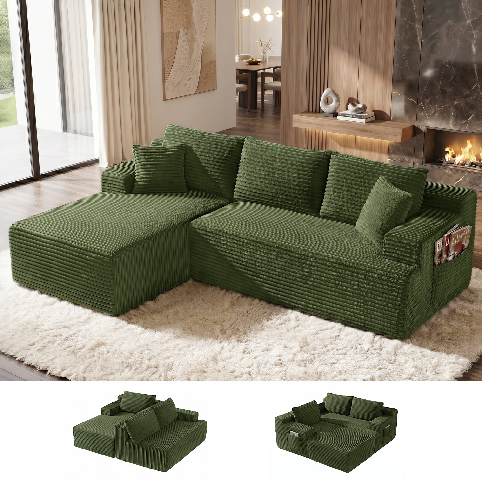Aukfa 96" Cloud Sectional Couch, Modular L Shaped Boneless Sofa with Left Facing Chaise&2 Storage Pockets, Green