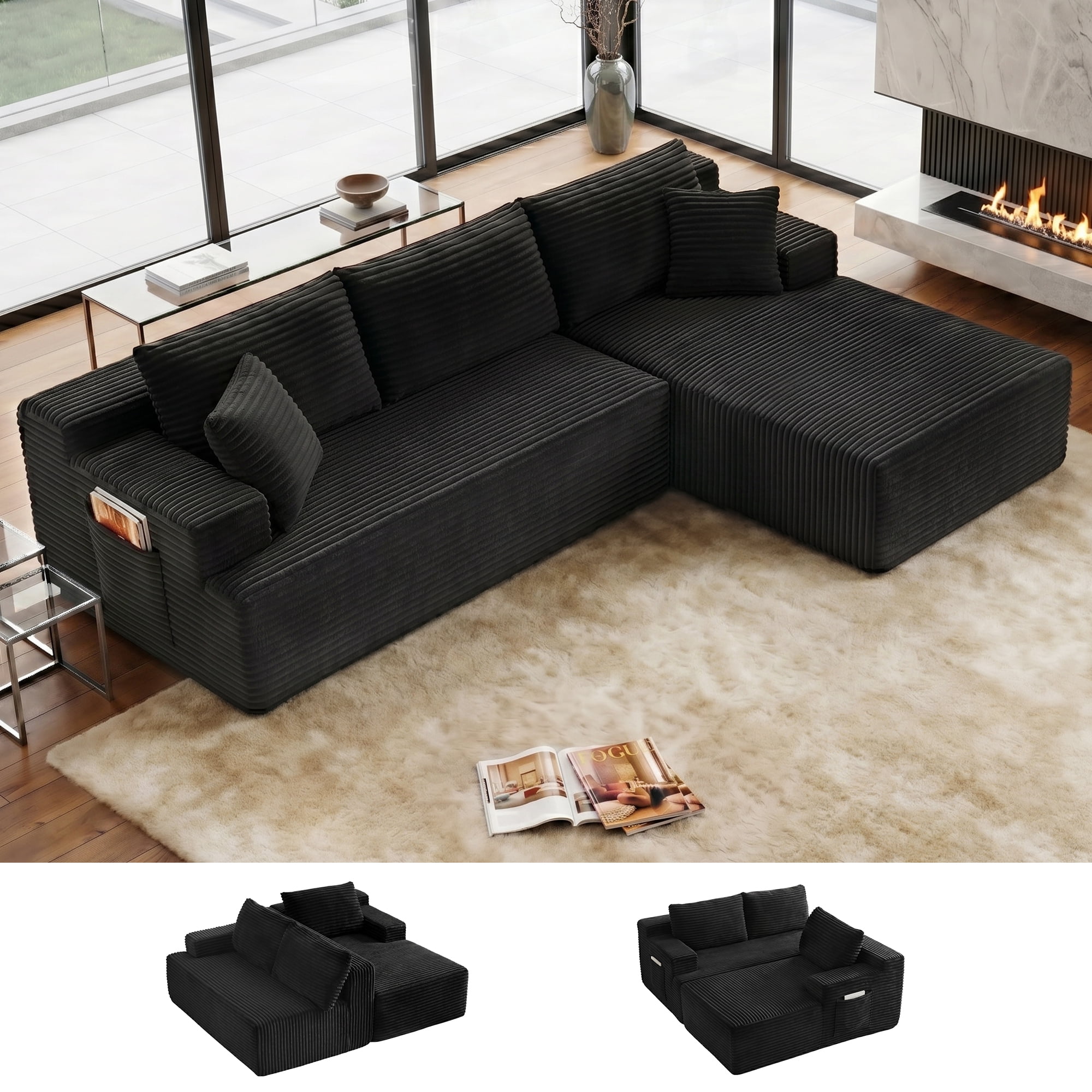 Aukfa 96" Cloud Sectional Couch, Modular L Shaped Boneless Sofa with Right Facing Chaise&2 Storage Pockets, Black