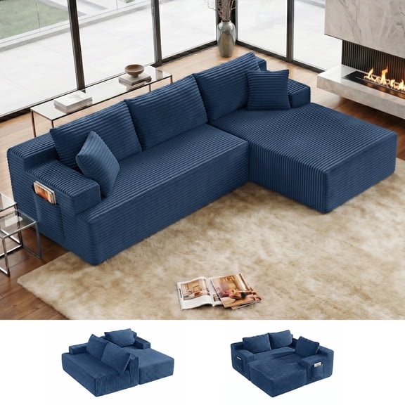 Aukfa 96" Cloud Sectional Couch, Modular L Shaped Boneless Sofa with Right Facing Chaise&2 Storage Pockets, Blue
