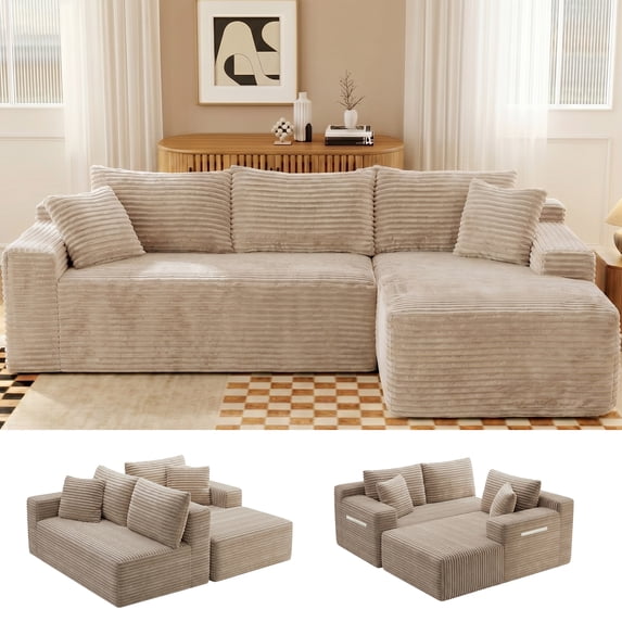 Aukfa 95" Cloud Sectional Couch, Modular L Shaped Boneless Sofa with Right Facing Chaise&2 Storage Pockets, Camel