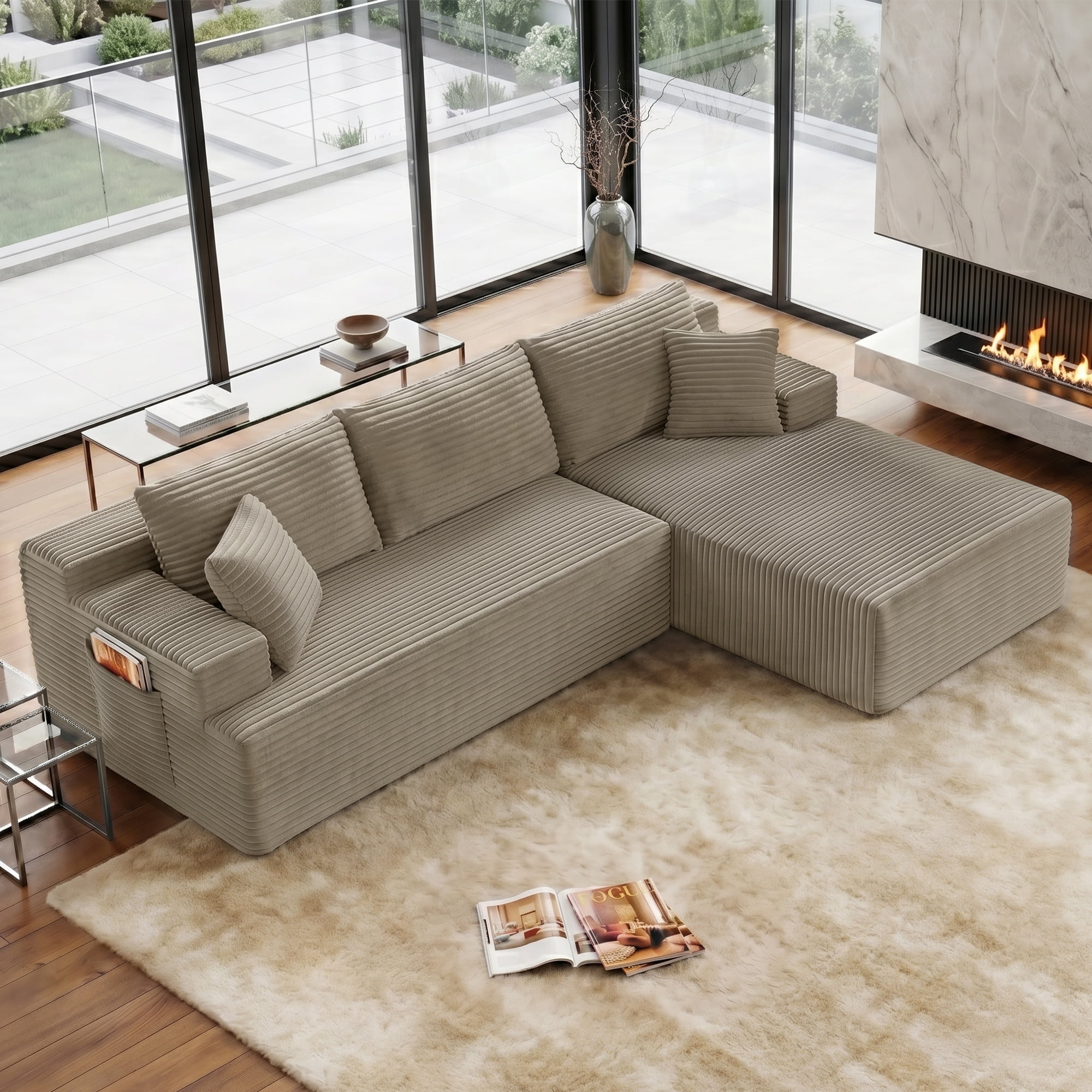 Aukfa 96" Cloud Sectional Couch, Modular L Shaped Boneless Sofa with Right Facing Chaise&2 Storage Pockets, Camel