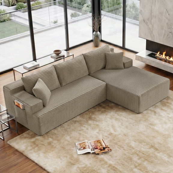 Aukfa 96" Cloud Sectional Couch, Modular L Shaped Boneless Sofa with Right Facing Chaise&2 Storage Pockets, Camel