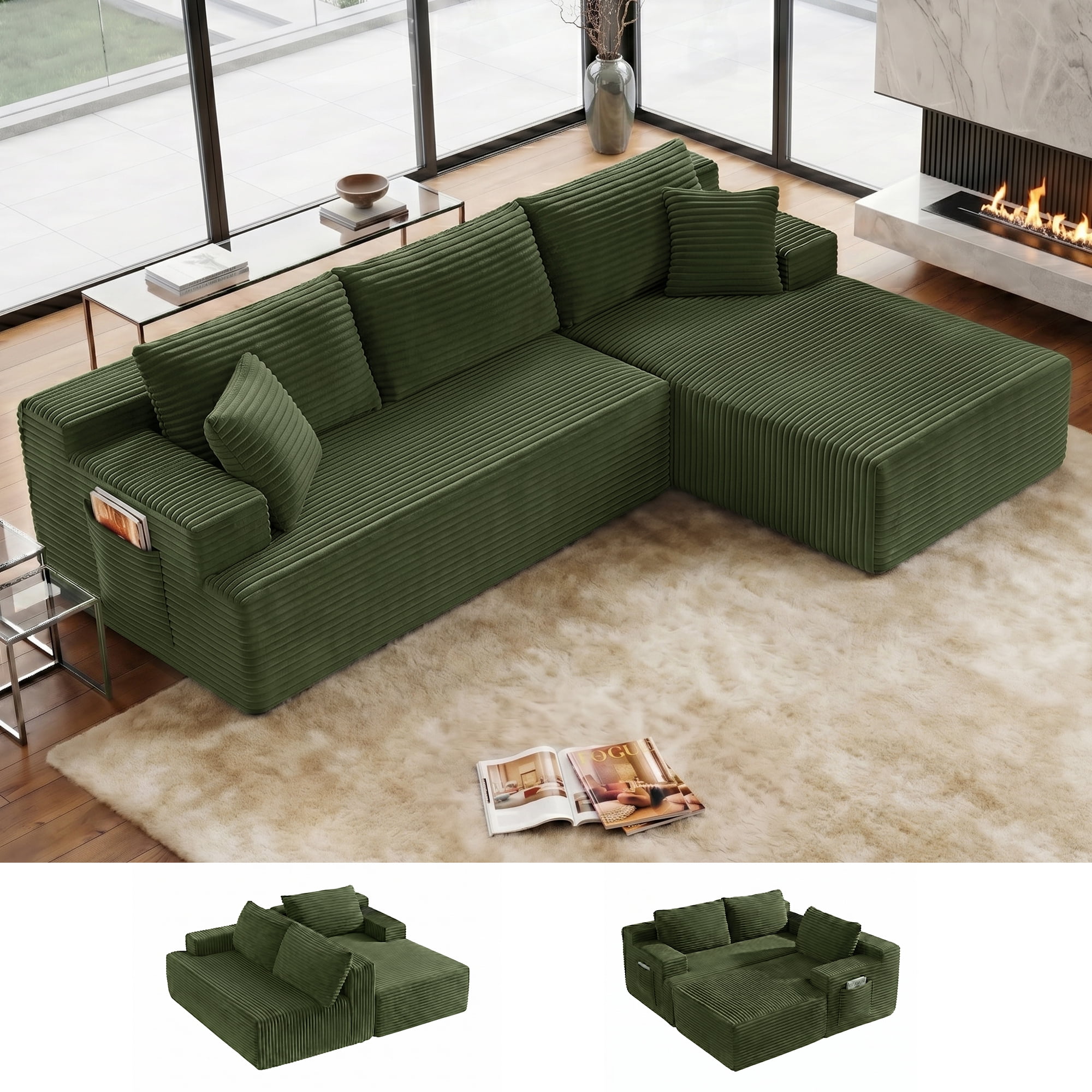Aukfa 96" Cloud Sectional Couch, Modular L Shaped Boneless Sofa with Right Facing Chaise&2 Storage Pockets, Green