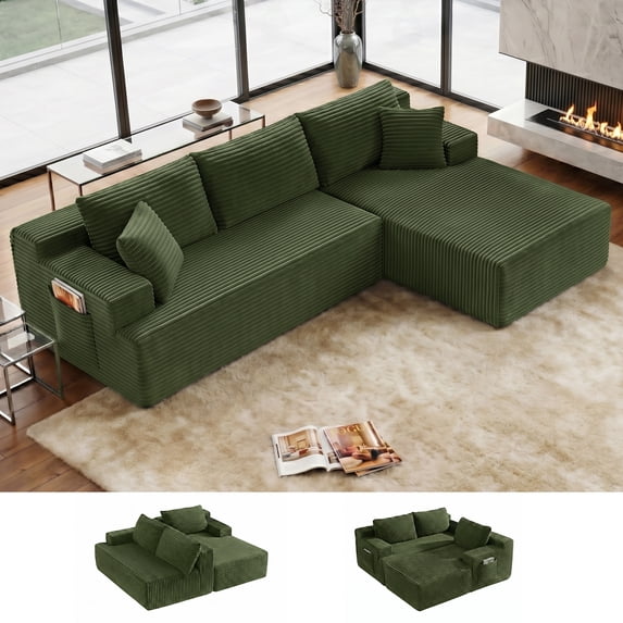 Aukfa 96" Cloud Sectional Couch, Modular L Shaped Boneless Sofa with Right Facing Chaise&2 Storage Pockets, Green
