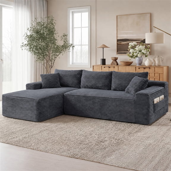 Aukfa 95" Cloud Sectional Sofa Boneless Couch Modular L-shape Sofa for Living Room, Left Chaise, 2Pillows, Corduroy, Dark Gray